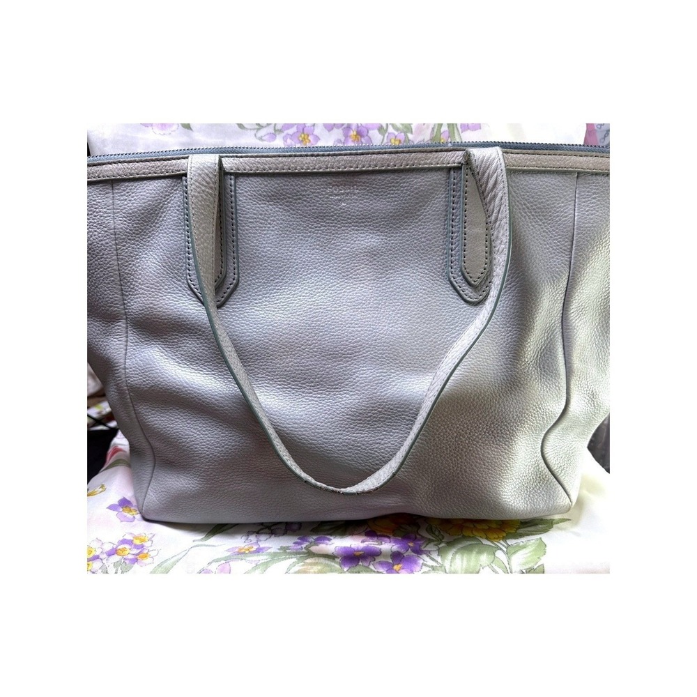Fossil Sydney Light Blue Pebbled Leather Shoulder Tote Purse 16"